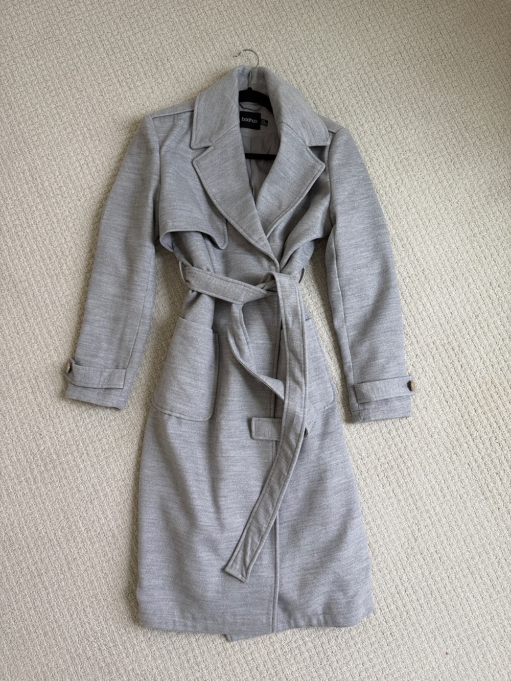 Boohoo Light Gray Belted Trench Coat